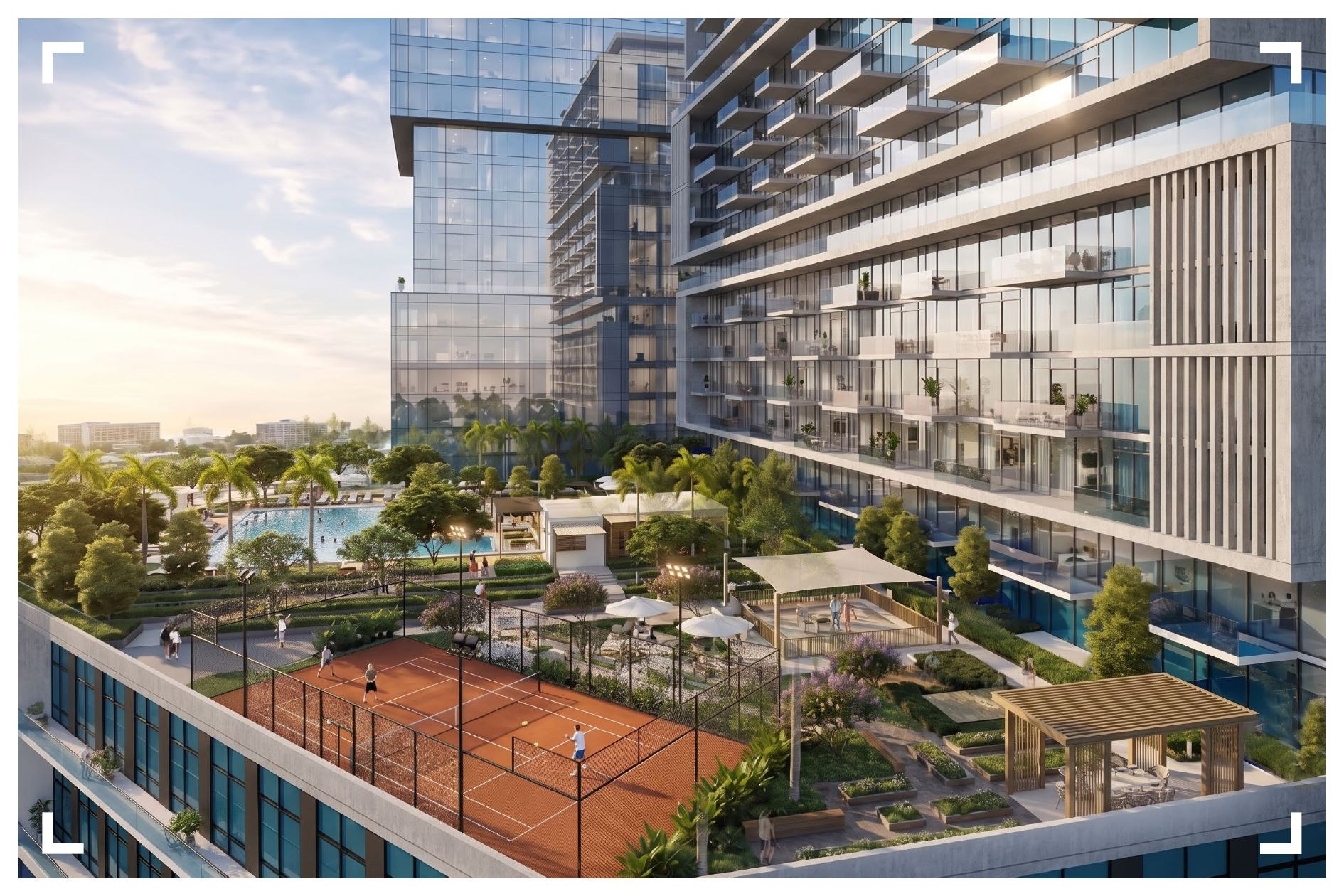 RAW District II. Podium amenity deck, padel court, pool and landscaped gardens